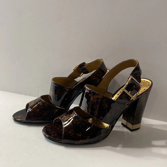 BCBGirls Brown Gold Tortoise Shell Patent Leather Ankle Strap Block Heels Size 9 - Picture 4 of 11